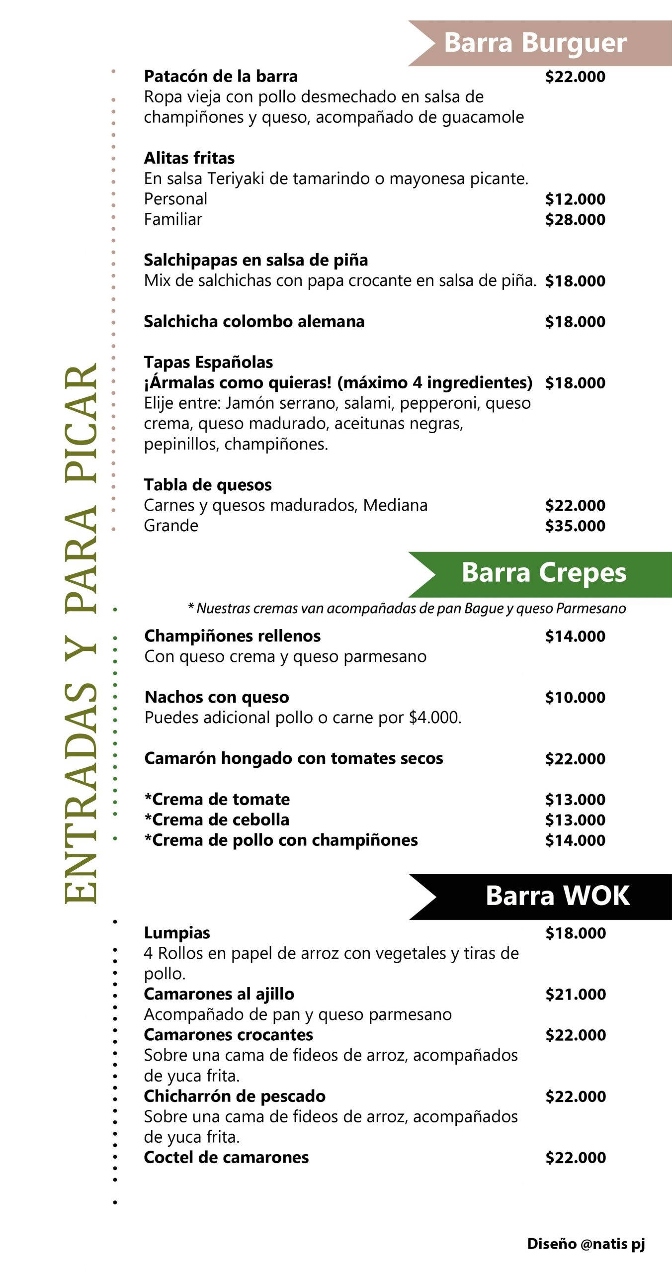 menu barras de la villa entradas